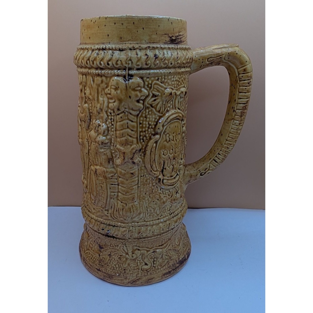 Vintage German Ceramic Beer Stein Relief Scenes Bier Oder Wein Mustard Yellow
